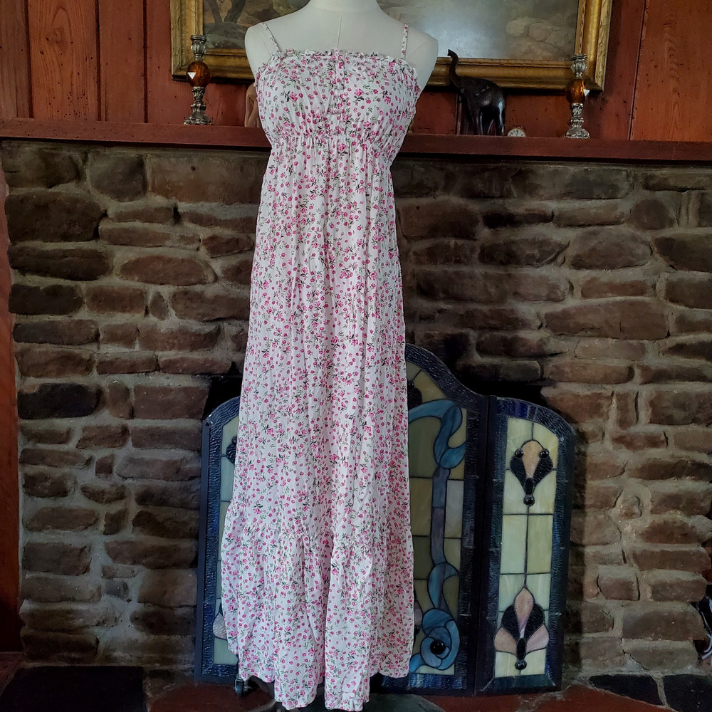 No Comment Floral Maxi Dress Small Prairie Cottagecore Pink White Jersey Knit